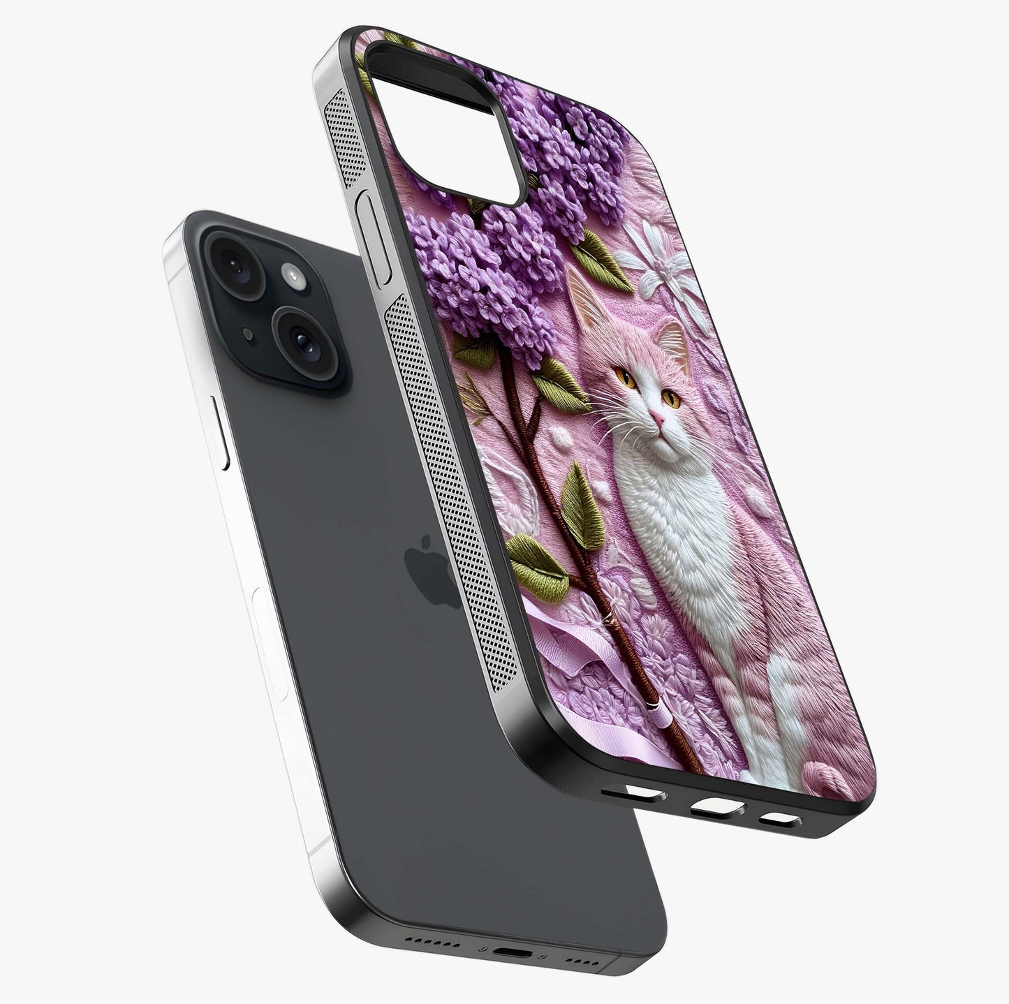 Lavender Cat Whimsy Glass Case laid diagonally highlighting side profile, edges and glossy glass shine.