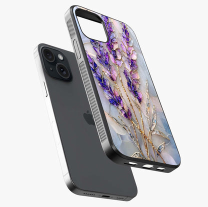 Lavender Dream Glow Glass Case laid diagonally highlighting side profile, edges and glossy glass shine.