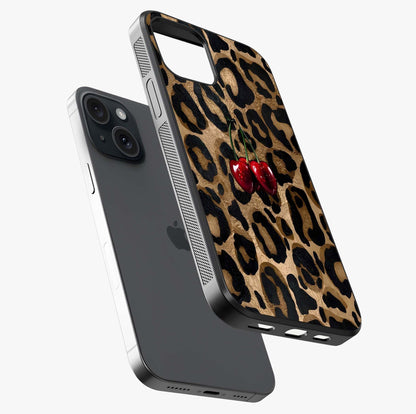 Leopard Wild Cherry Glass Case laid diagonally highlighting side profile, edges and glossy glass shine.