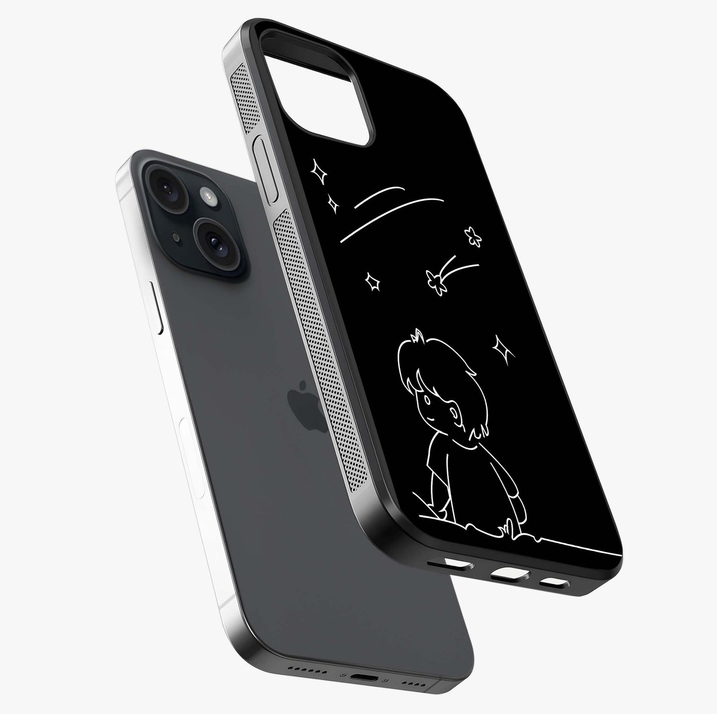 Line Art Boy With Shooting Stars Glass Case laid diagonally highlighting side profile, edges and glossy glass shine.