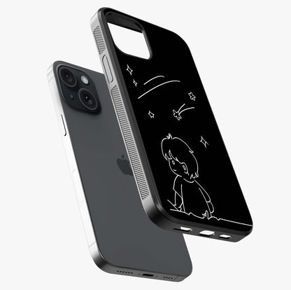 Line Art Boy With Shooting Stars Glass Case laid diagonally highlighting side profile, edges and glossy glass shine.