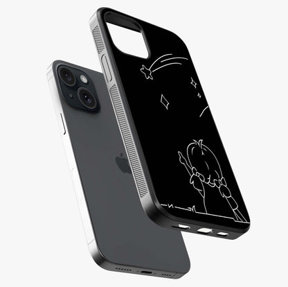 Line Art Girl With Shooting Stars Glass Case laid diagonally highlighting side profile, edges and glossy glass shine.