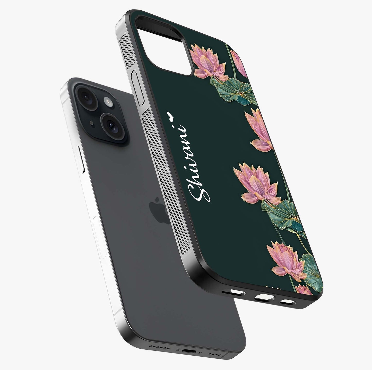 Lotus Bloom Serenity Custom Name Glass Case laid diagonally highlighting side profile, edges and glossy glass shine.