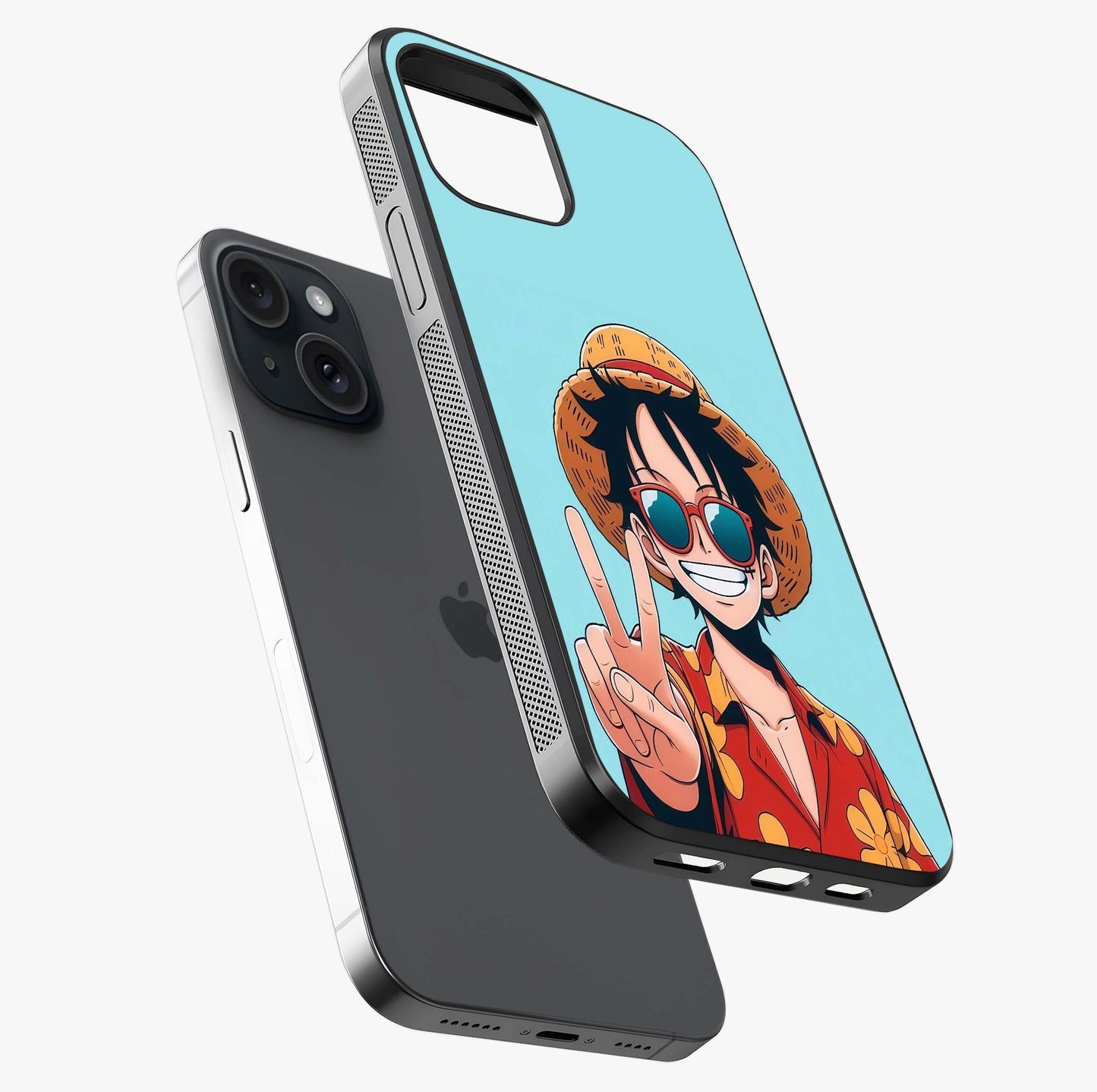 Luffy Summer Anime Vibe Glass Case laid diagonally highlighting side profile, edges and glossy glass shine.