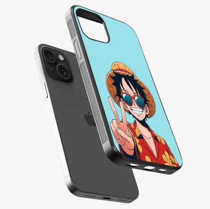 Luffy Summer Anime Vibe Glass Case laid diagonally highlighting side profile, edges and glossy glass shine.