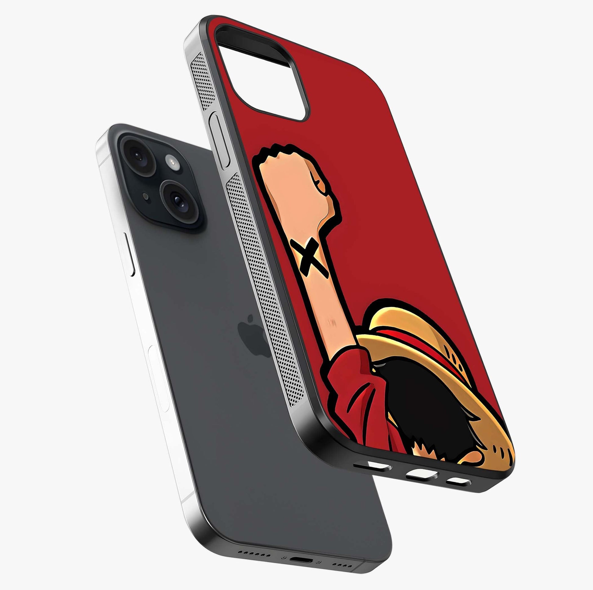 Luffy X Spirit Glass Case laid diagonally highlighting side profile, edges and glossy glass shine.