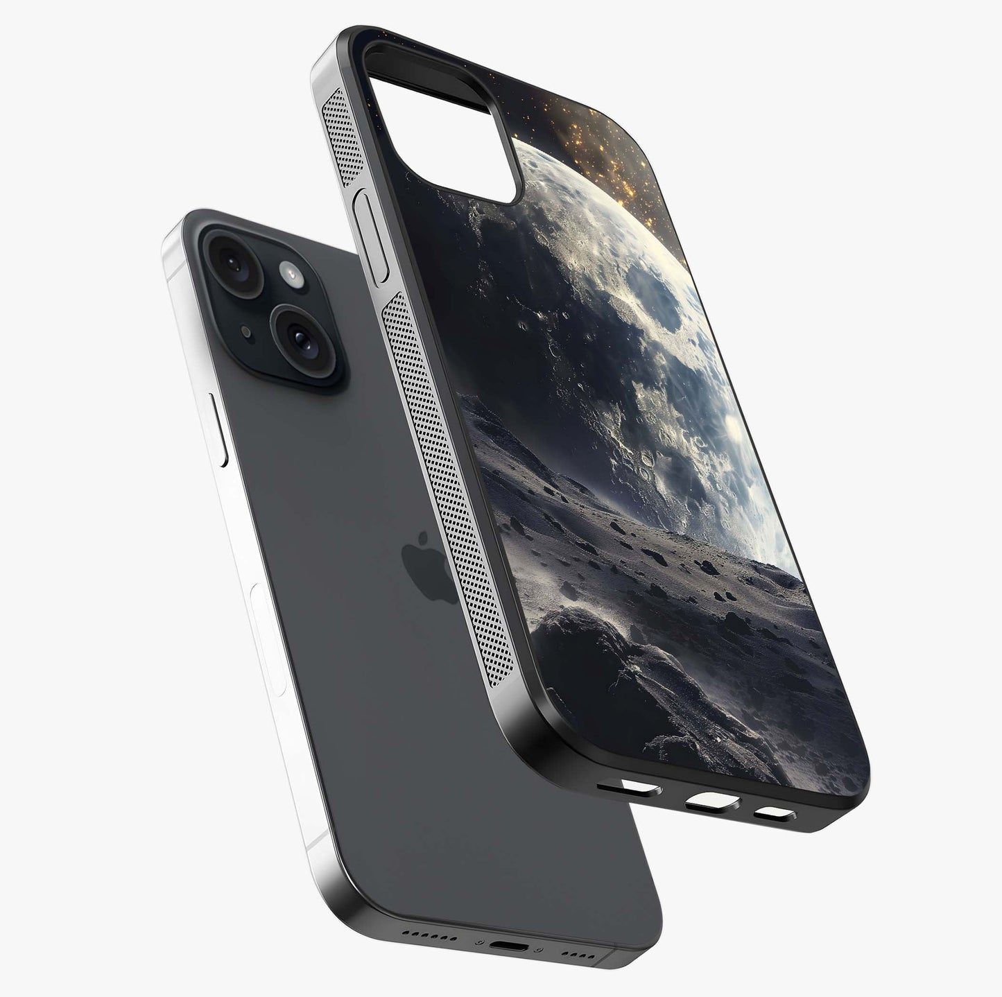 Lunar Horizon Glow Glass Case laid diagonally highlighting side profile, edges and glossy glass shine.