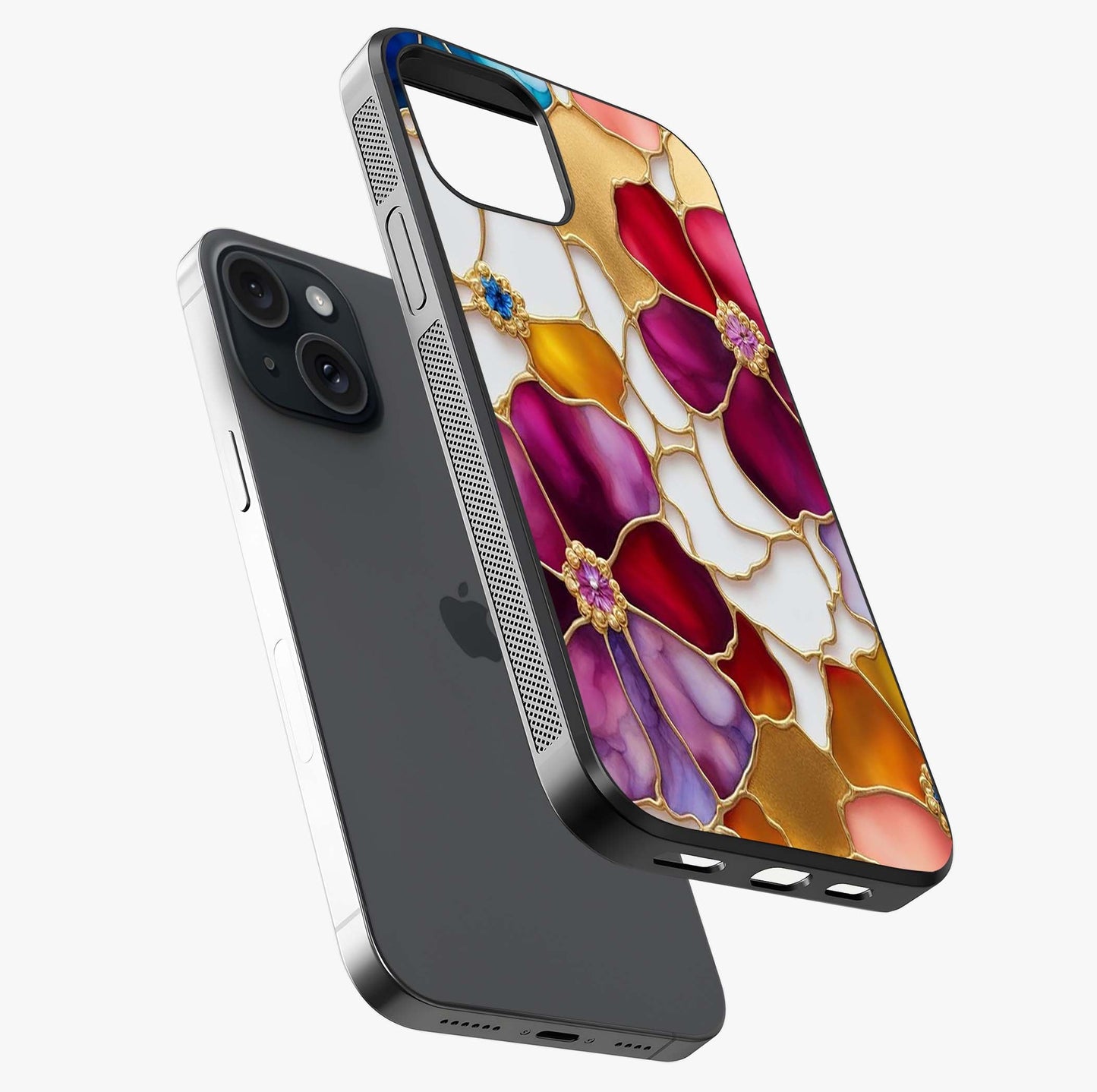 Marble Flower Pattern Glass Case laid diagonally highlighting side profile, edges and glossy glass shine.