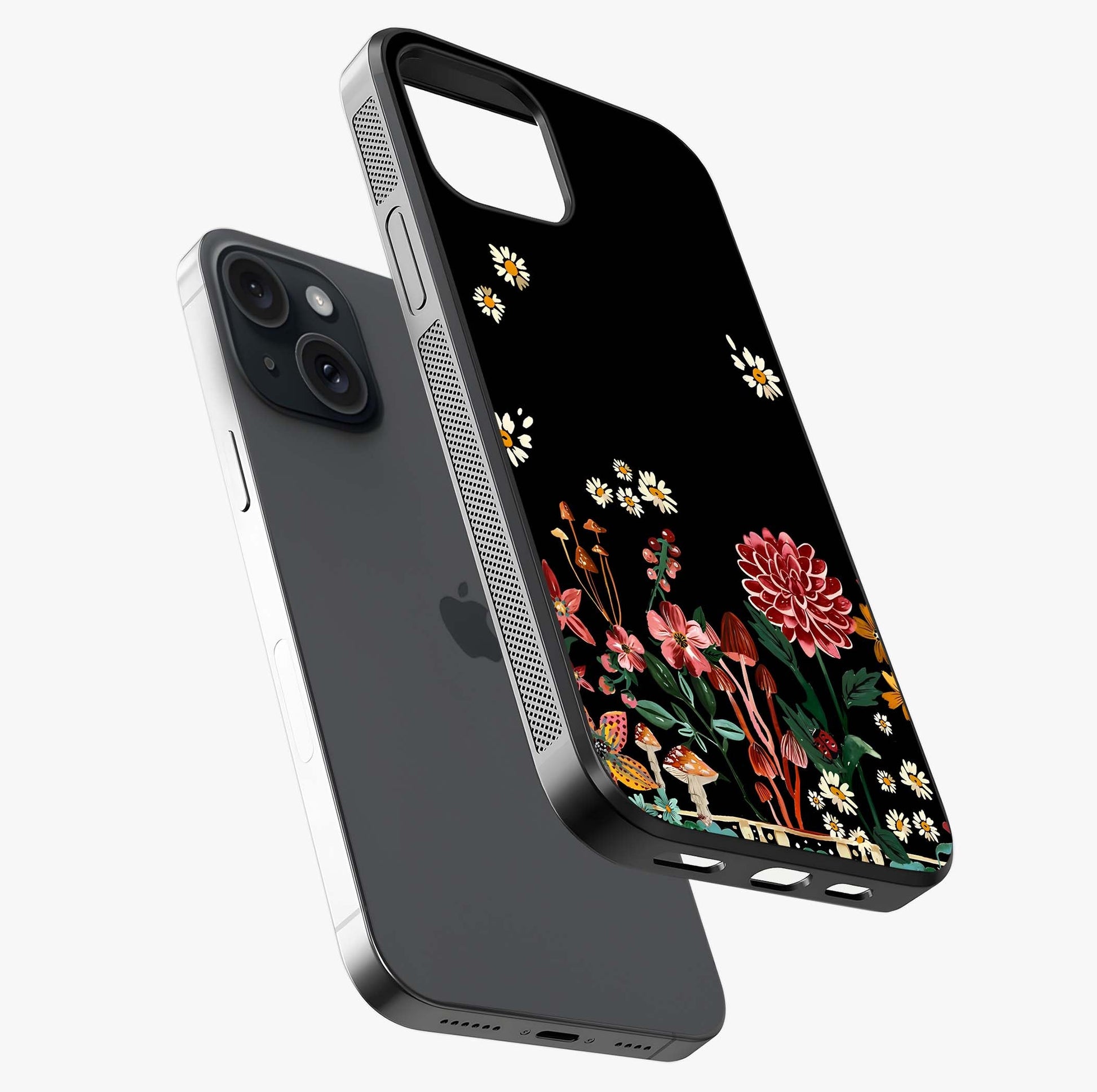 Midnight Bloom Pattern Glass Case laid diagonally highlighting side profile, edges and glossy glass shine.