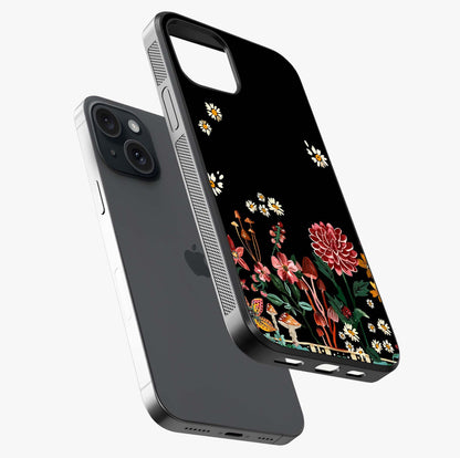Midnight Bloom Pattern Glass Case laid diagonally highlighting side profile, edges and glossy glass shine.
