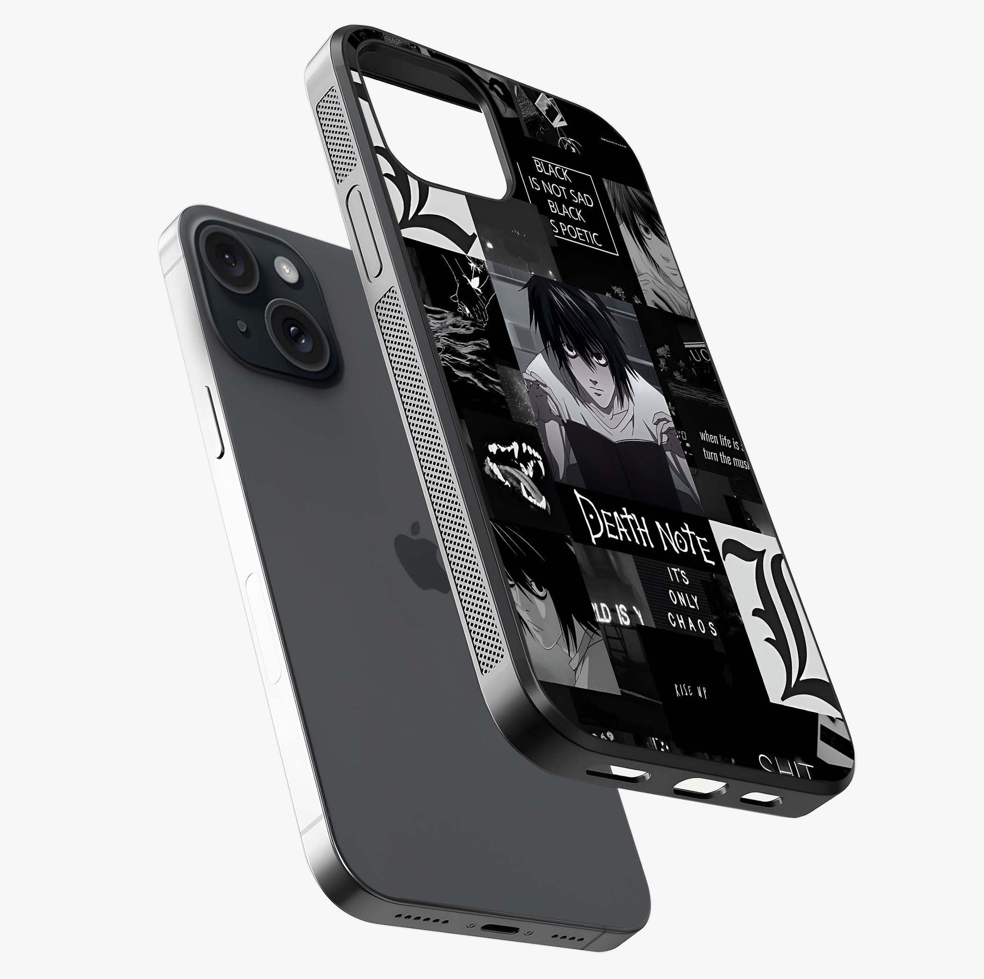Midnight Chaos Mind Glass Case laid diagonally highlighting side profile, edges and glossy glass shine.
