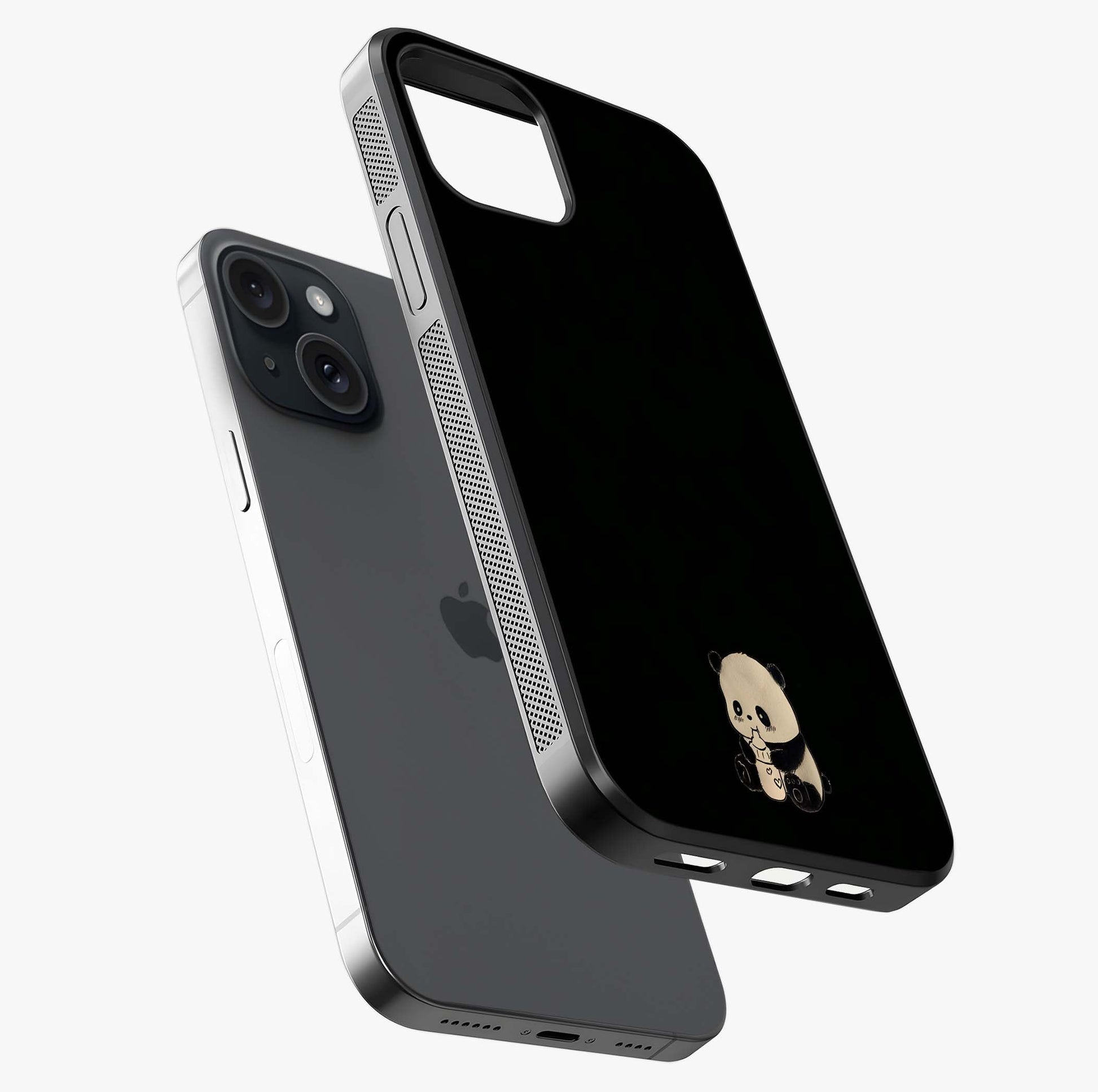 Midnight Panda Love Glass Case laid diagonally highlighting side profile, edges and glossy glass shine.