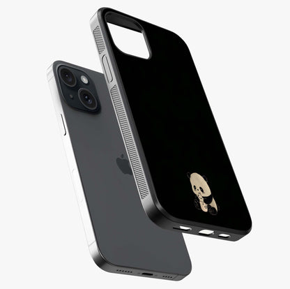 Midnight Panda Love Glass Case laid diagonally highlighting side profile, edges and glossy glass shine.