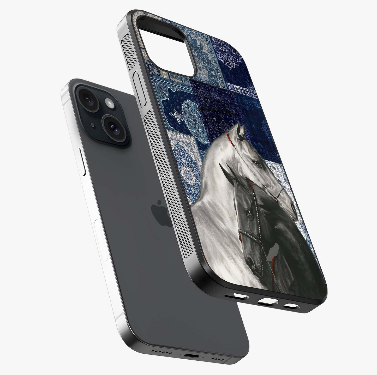 Midnight Stallion Blues Glass Case laid diagonally highlighting side profile, edges and glossy glass shine.