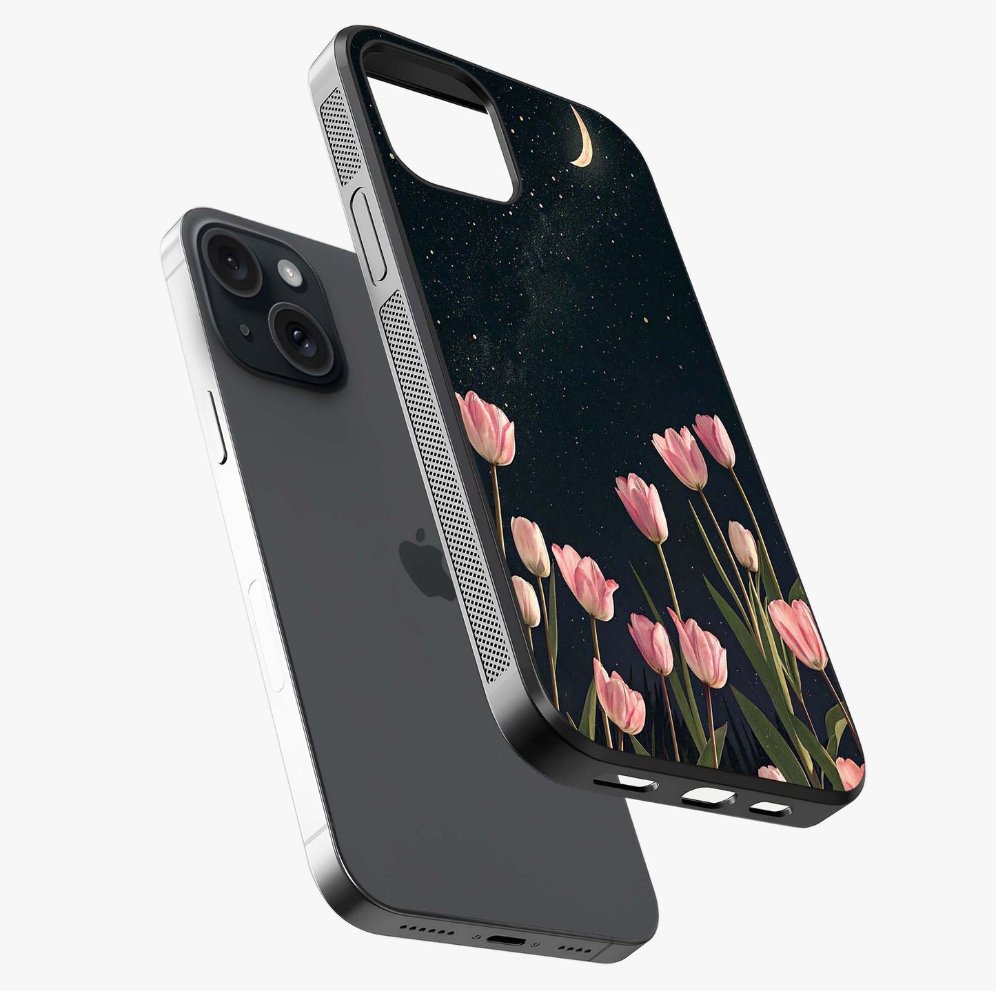 Midnight Tulip Whispers Vibe Glass Case laid diagonally highlighting side profile, edges and glossy glass shine.