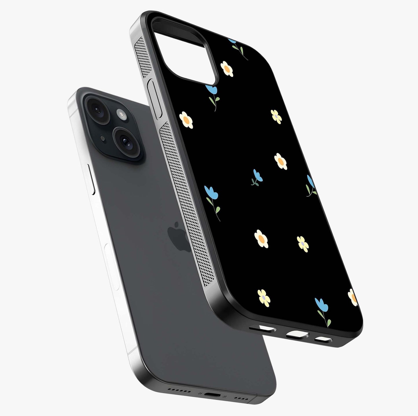 Minimalistic Blue With White Flower Pattern Glass Case laid diagonally highlighting side profile, edges and glossy glass shine.