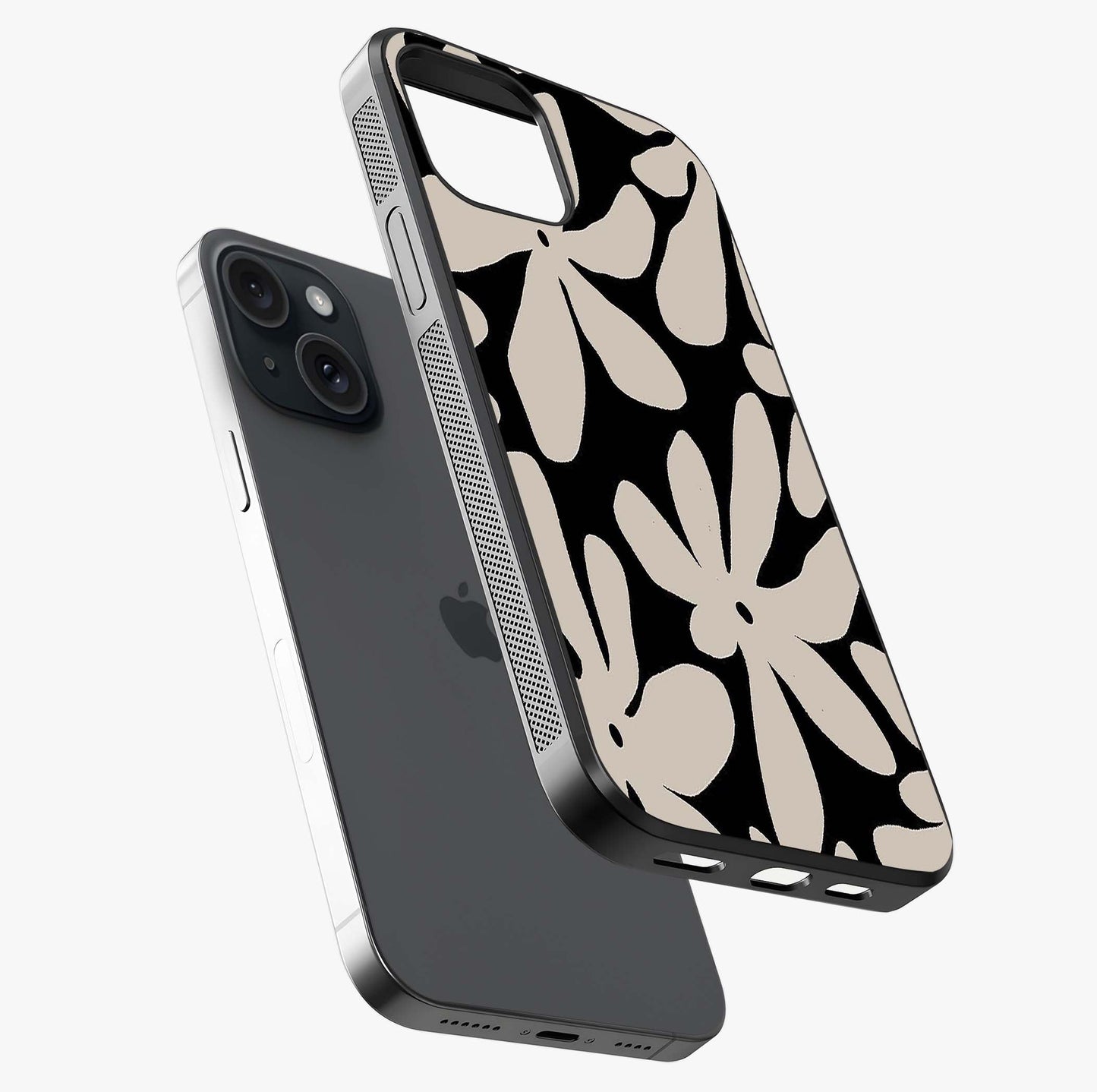 Monochrome Petal Dance Glass Case laid diagonally highlighting side profile, edges and glossy glass shine.