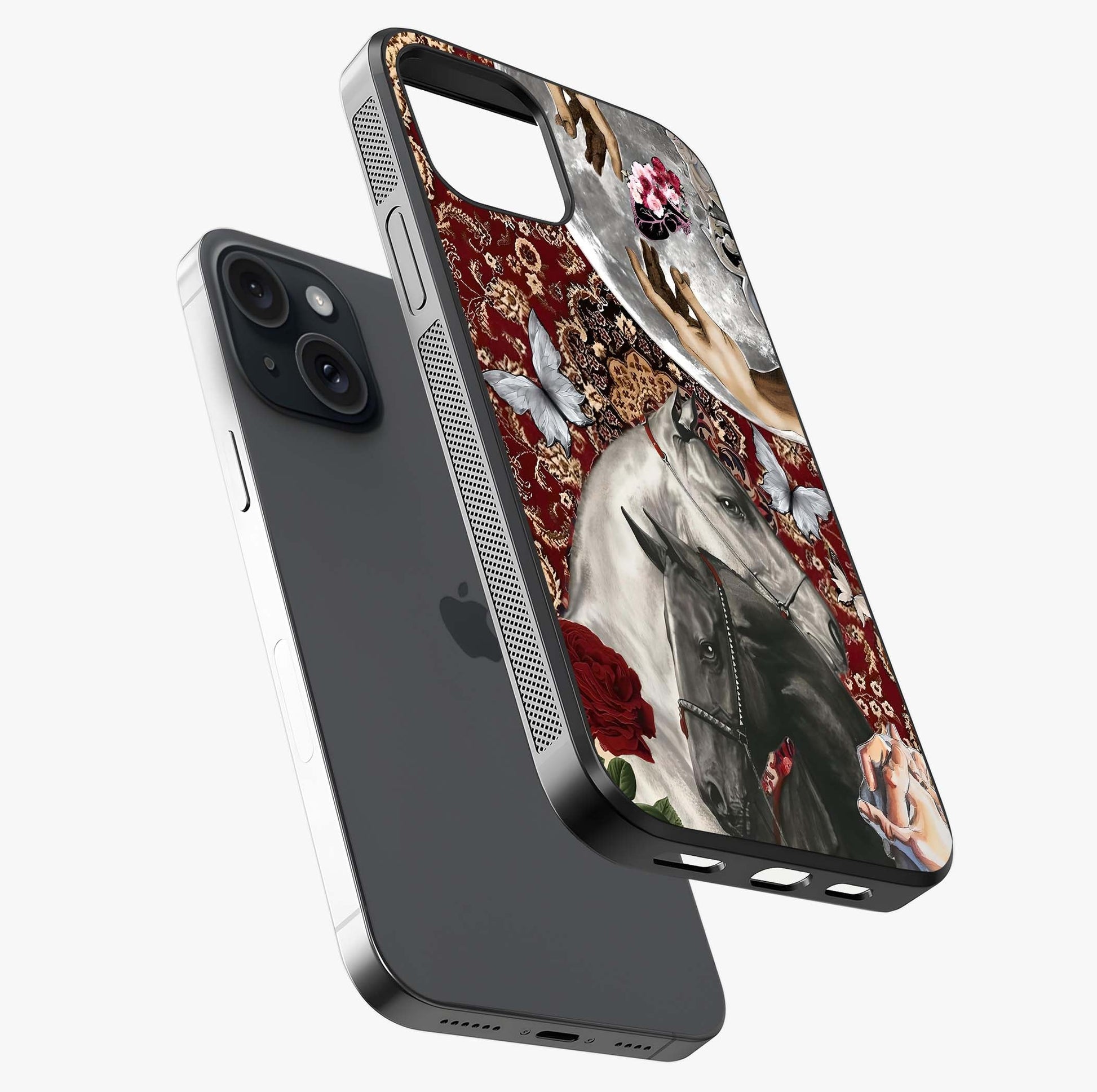 Moonlit Royal Stallion Glass Case laid diagonally highlighting side profile, edges and glossy glass shine.