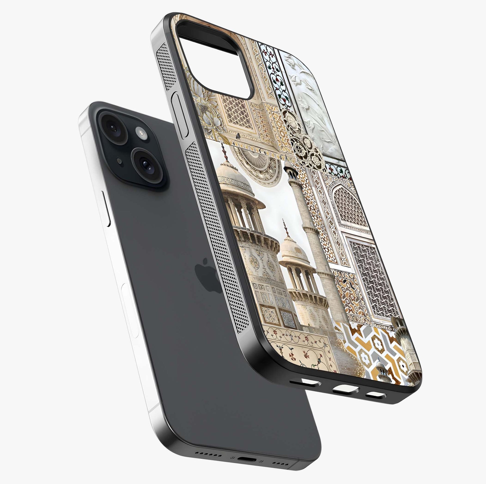 Mughal Marble Legacy Glass Case laid diagonally highlighting side profile, edges and glossy glass shine.