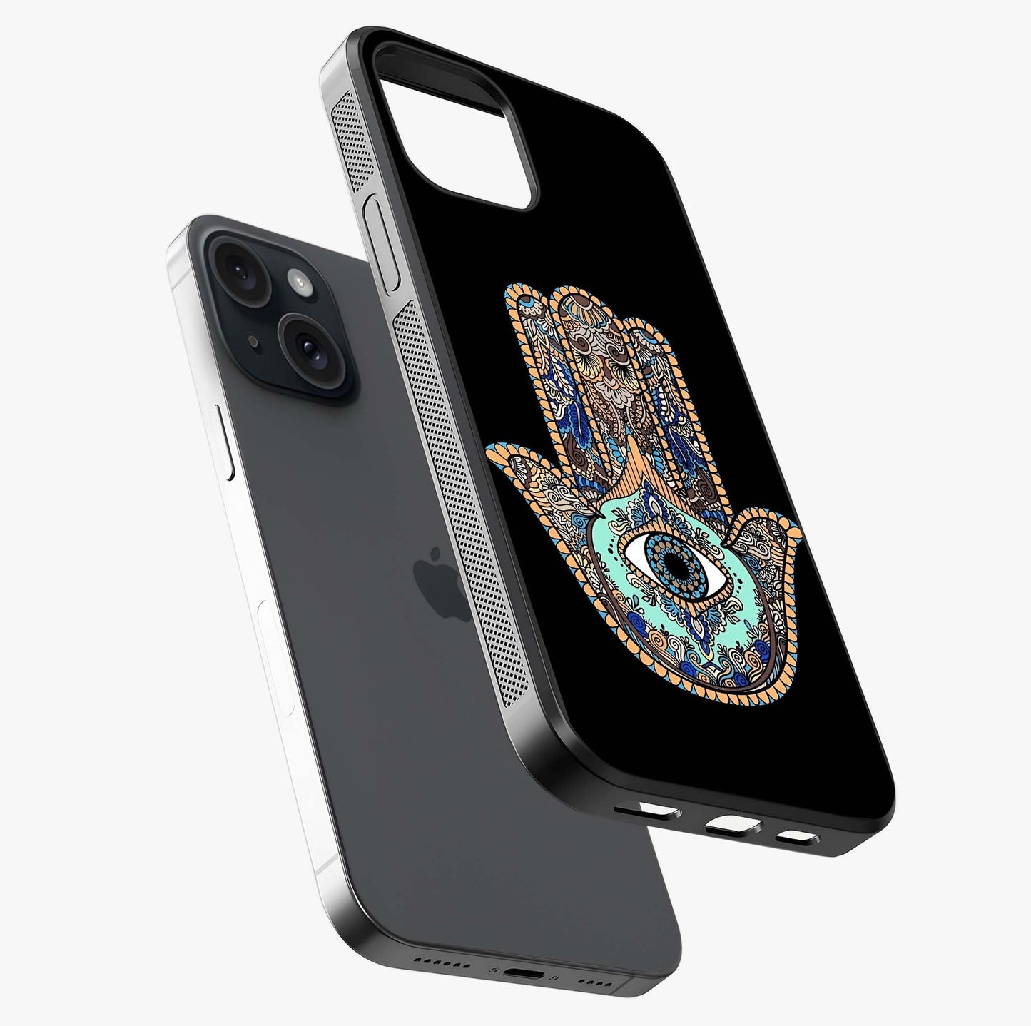 Mystic Hamsa Eye Glass Case laid diagonally highlighting side profile, edges and glossy glass shine.