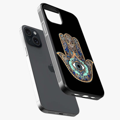 Mystic Hamsa Eye Glass Case laid diagonally highlighting side profile, edges and glossy glass shine.