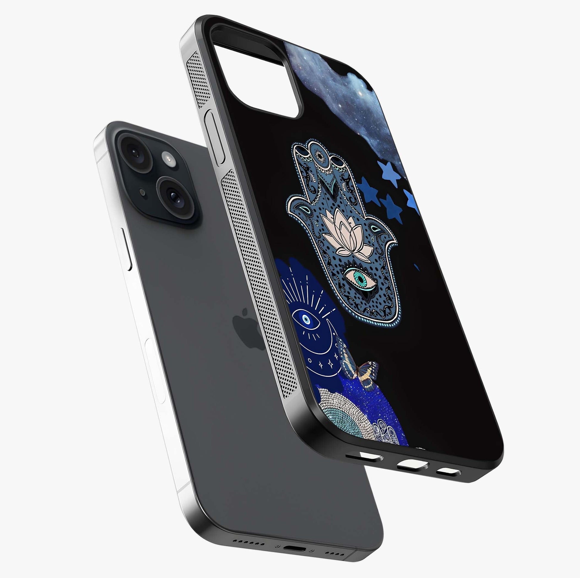 Mystic Hand Aura Glass Case laid diagonally highlighting side profile, edges and glossy glass shine.