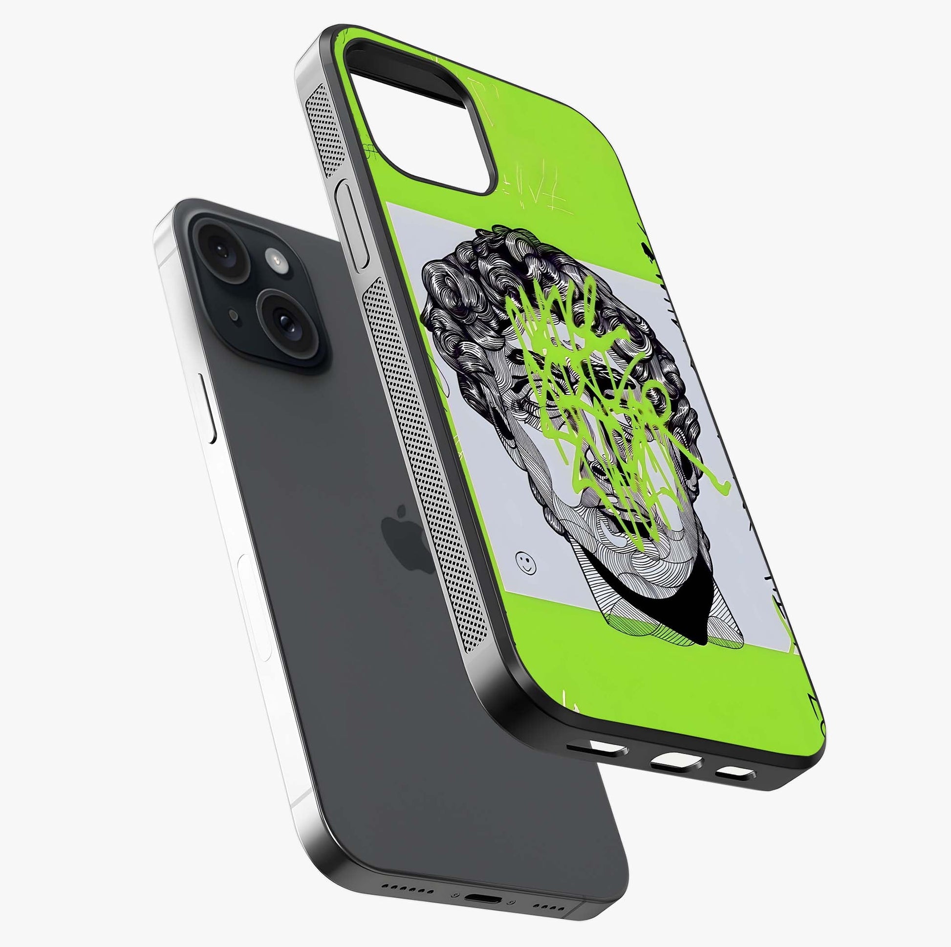 Neo Graffiti Rebellion Glass Case laid diagonally highlighting side profile, edges and glossy glass shine.