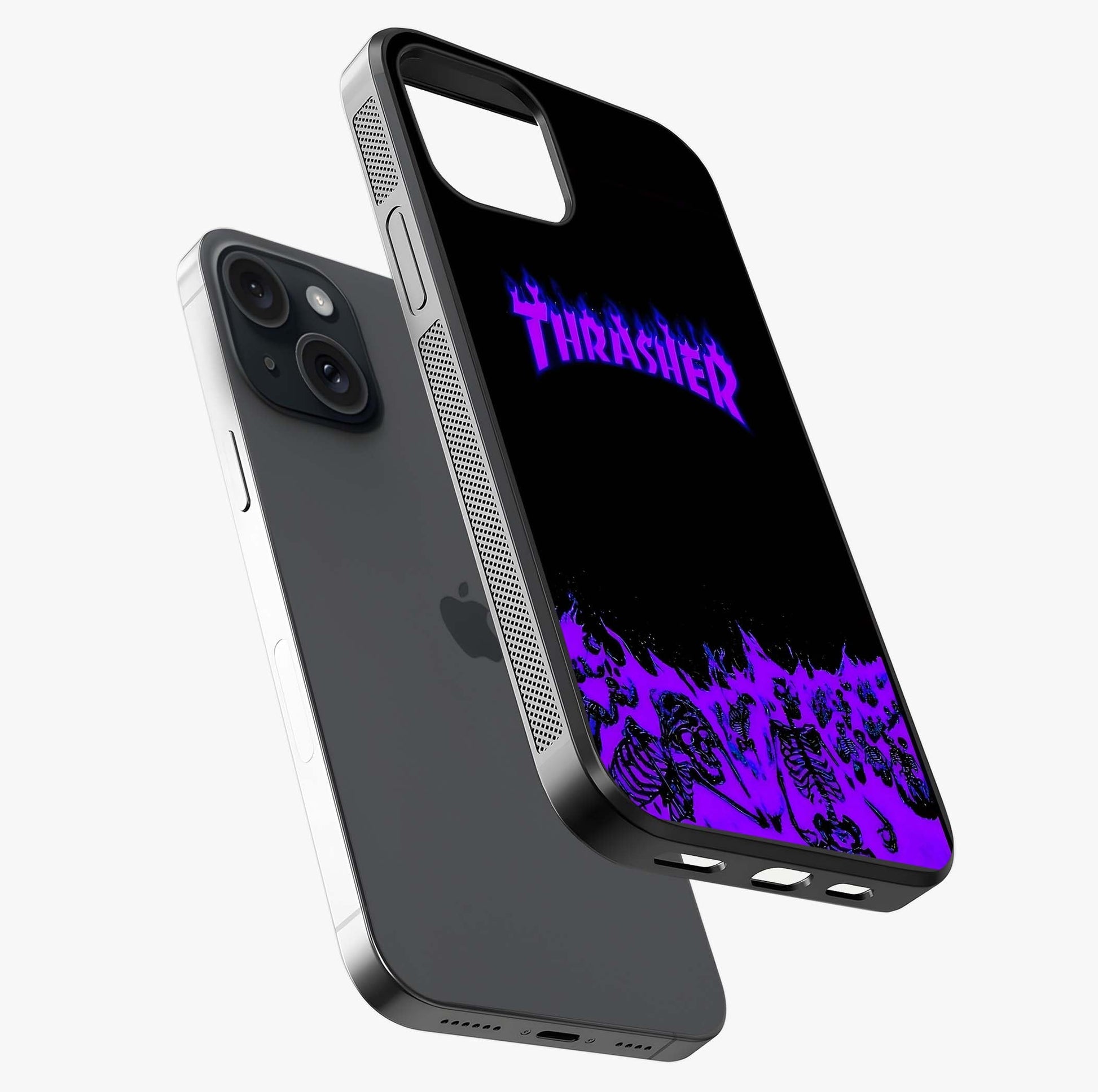 Neon Flame Riot Glass Case laid diagonally highlighting side profile, edges and glossy glass shine.