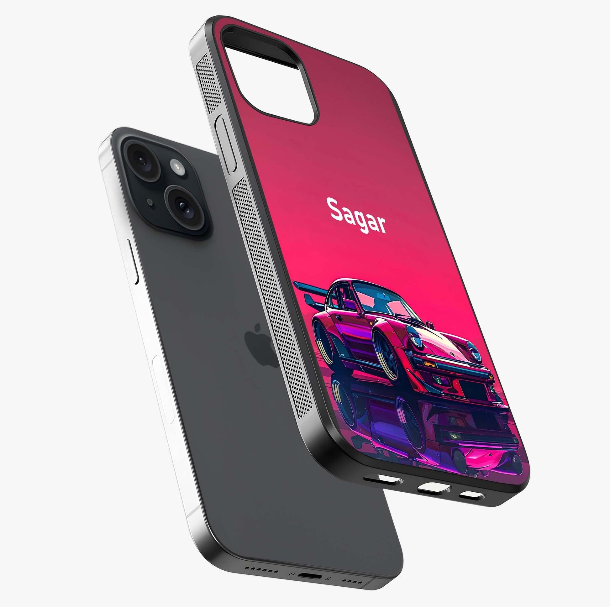 Neon Pink Porsche Glass Case laid diagonally highlighting side profile, edges and glossy glass shine.
