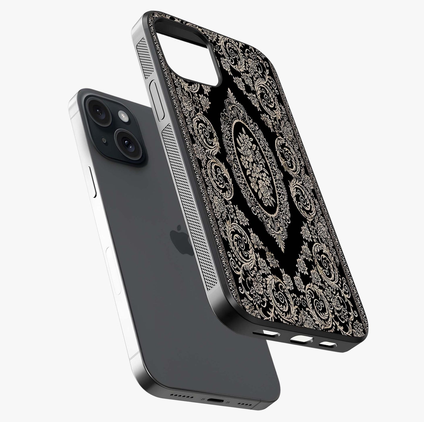 Noir Bloom Elegance Glass Case laid diagonally highlighting side profile, edges and glossy glass shine.