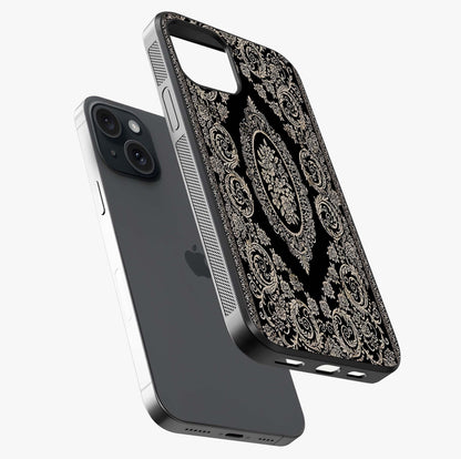 Noir Bloom Elegance Glass Case laid diagonally highlighting side profile, edges and glossy glass shine.