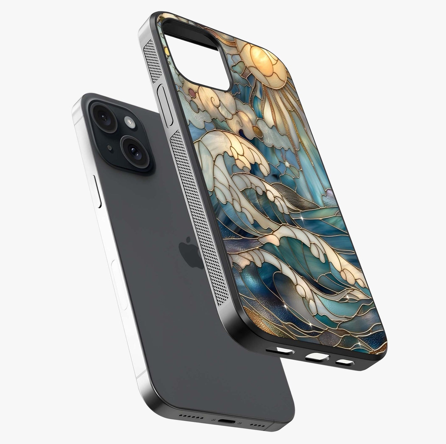 Oceanic Stained Printed Glass Case laid diagonally highlighting side profile, edges and glossy glass shine.