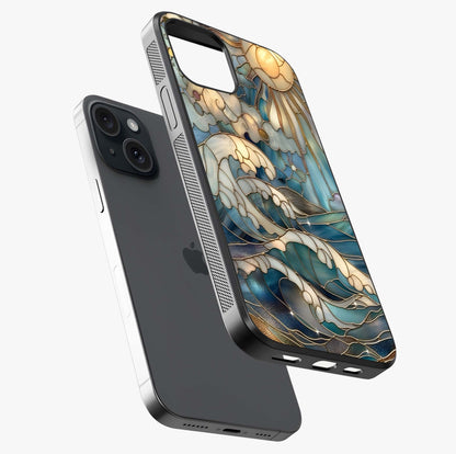 Oceanic Stained Printed Glass Case laid diagonally highlighting side profile, edges and glossy glass shine.