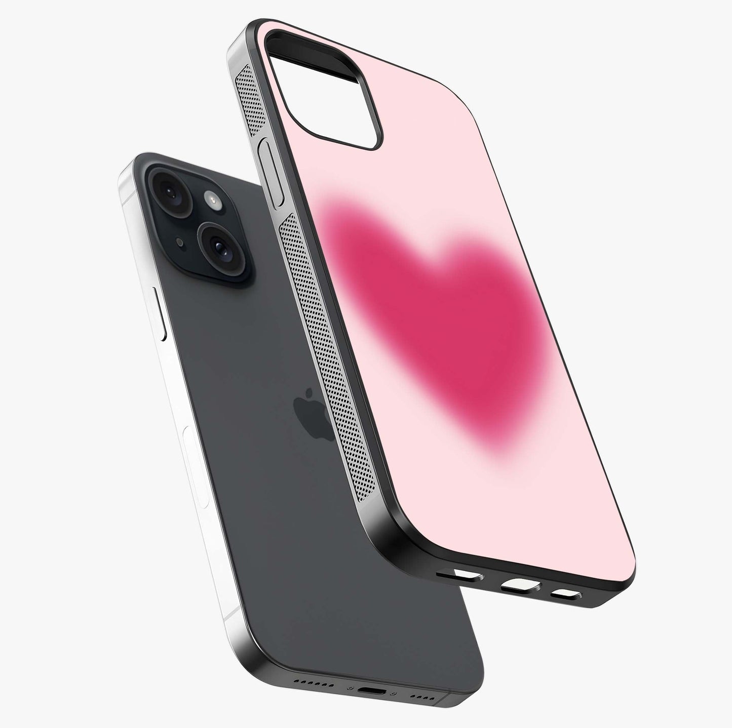 Pink Aura Heart Glass Case laid diagonally highlighting side profile, edges and glossy glass shine.
