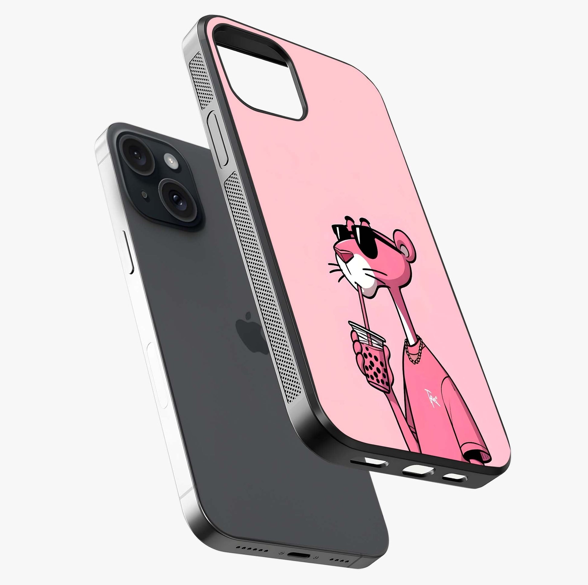 Pink Panther Glass Case laid diagonally highlighting side profile, edges and glossy glass shine.