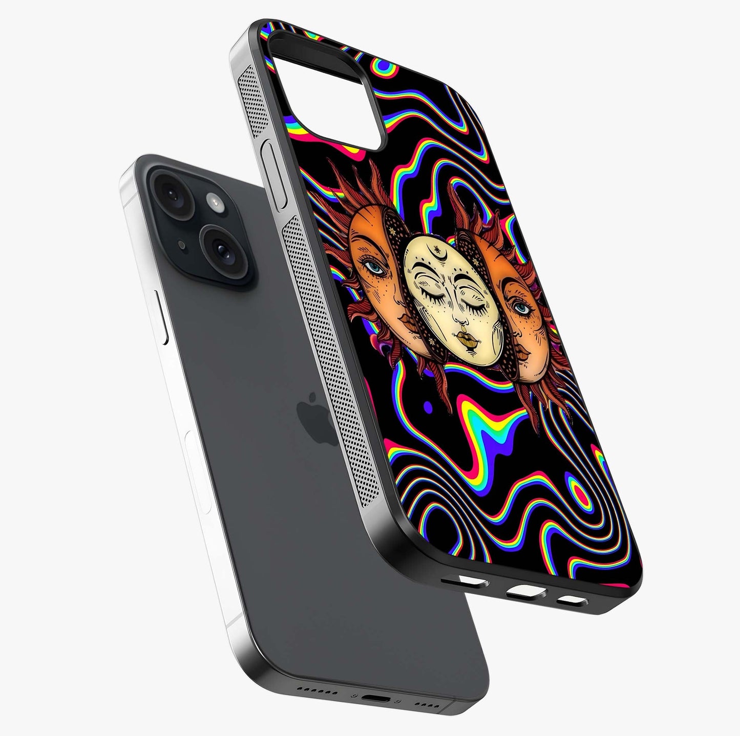 Psychedelic Sun Glass Case laid diagonally highlighting side profile, edges and glossy glass shine.