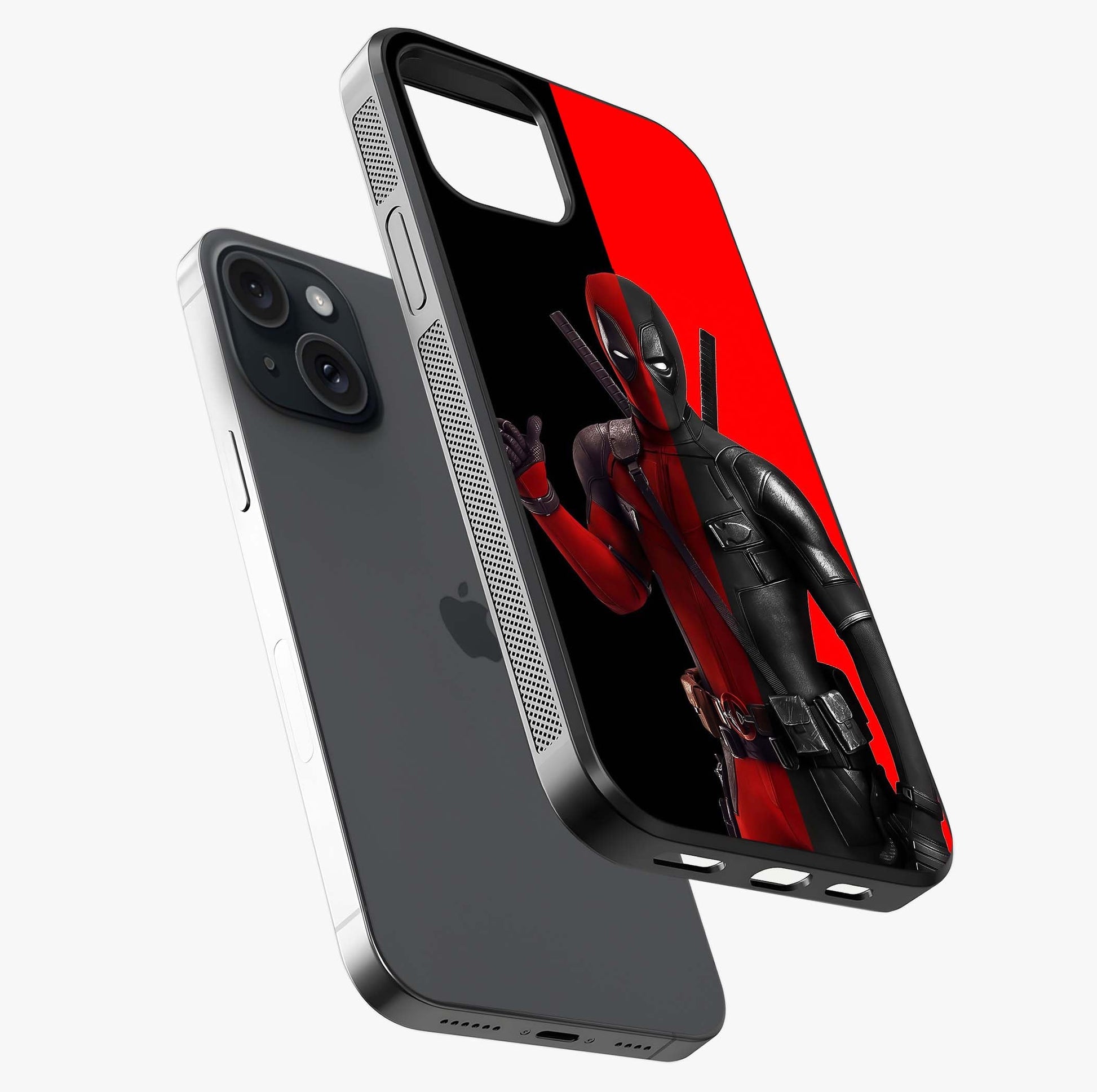 Red & Black Deadpool Theme Glass Case laid diagonally highlighting side profile, edges and glossy glass shine.