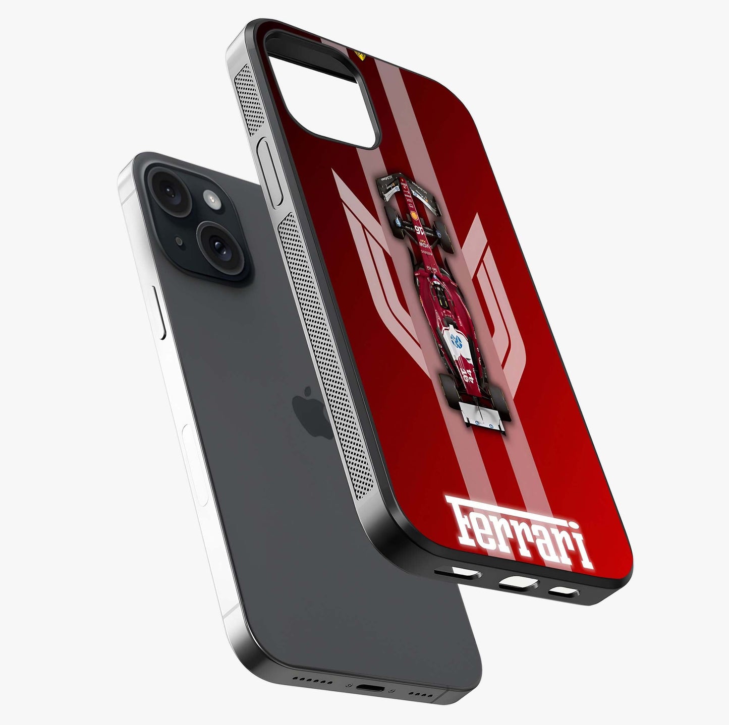 Red Ferrari F1 Vertical Glass Case laid diagonally highlighting side profile, edges and glossy glass shine.