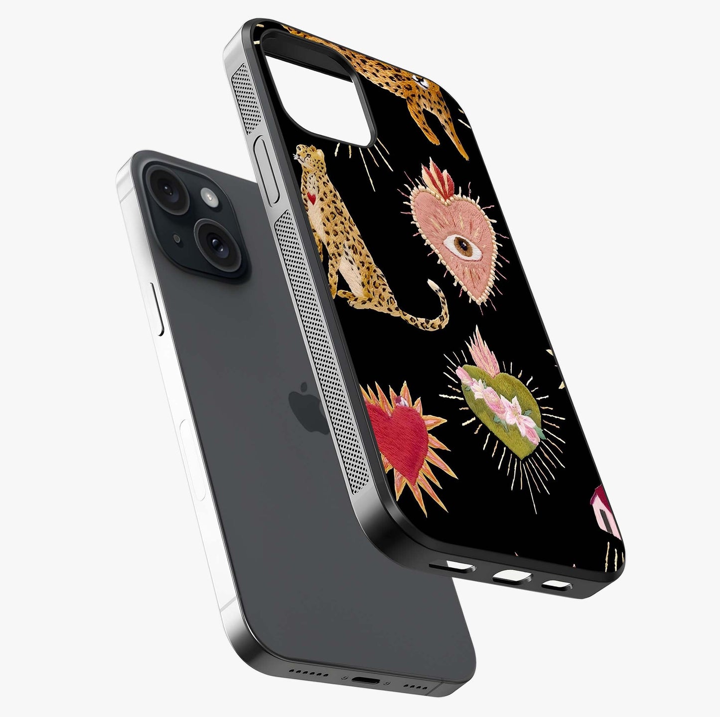 Sacred Jungle Heart Glass Case laid diagonally highlighting side profile, edges and glossy glass shine.