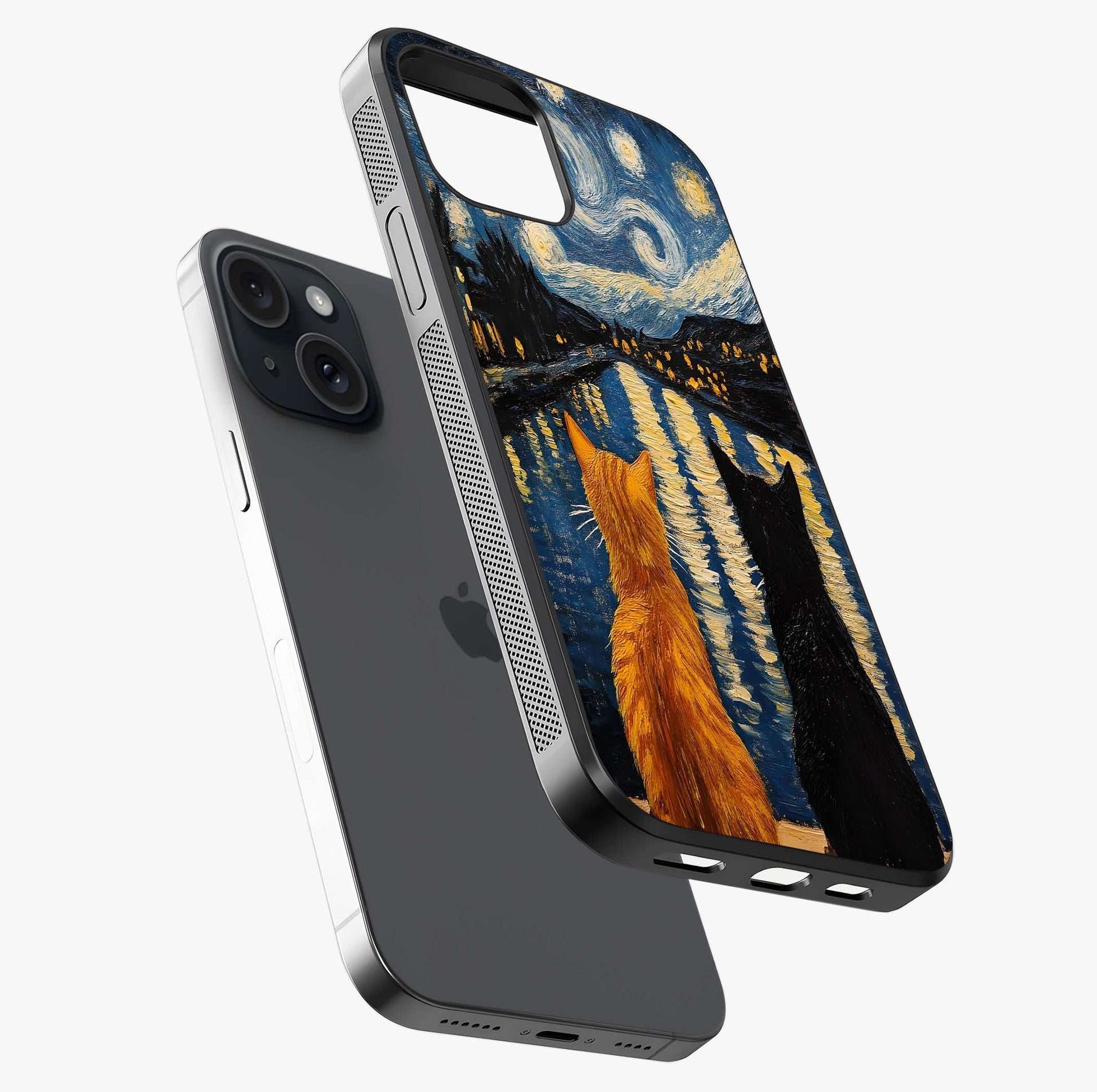 Starry River Cats Glass Case laid diagonally highlighting side profile, edges and glossy glass shine.