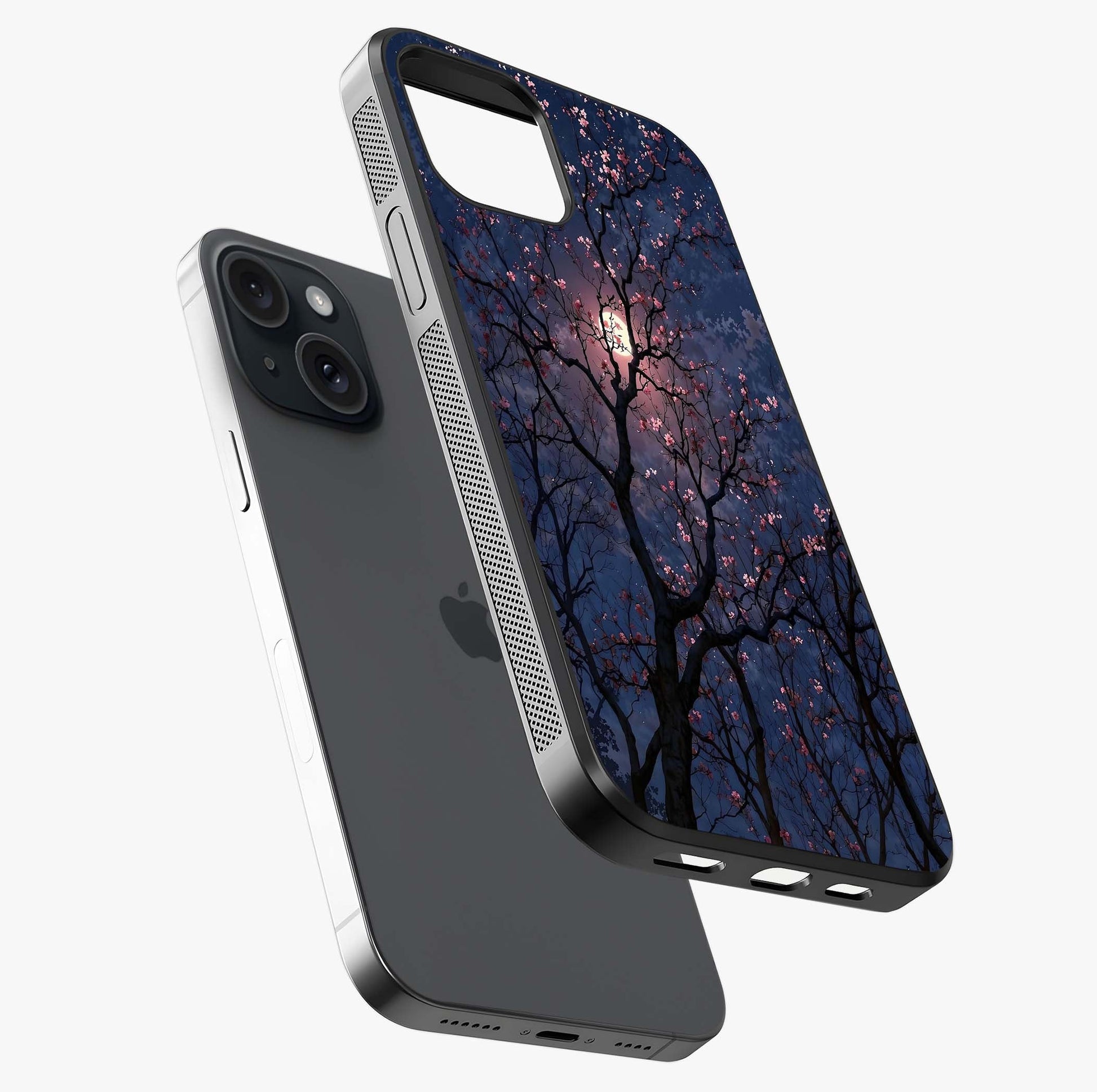 Twilight Sakura Serenade Glass Case laid diagonally highlighting side profile, edges and glossy glass shine.