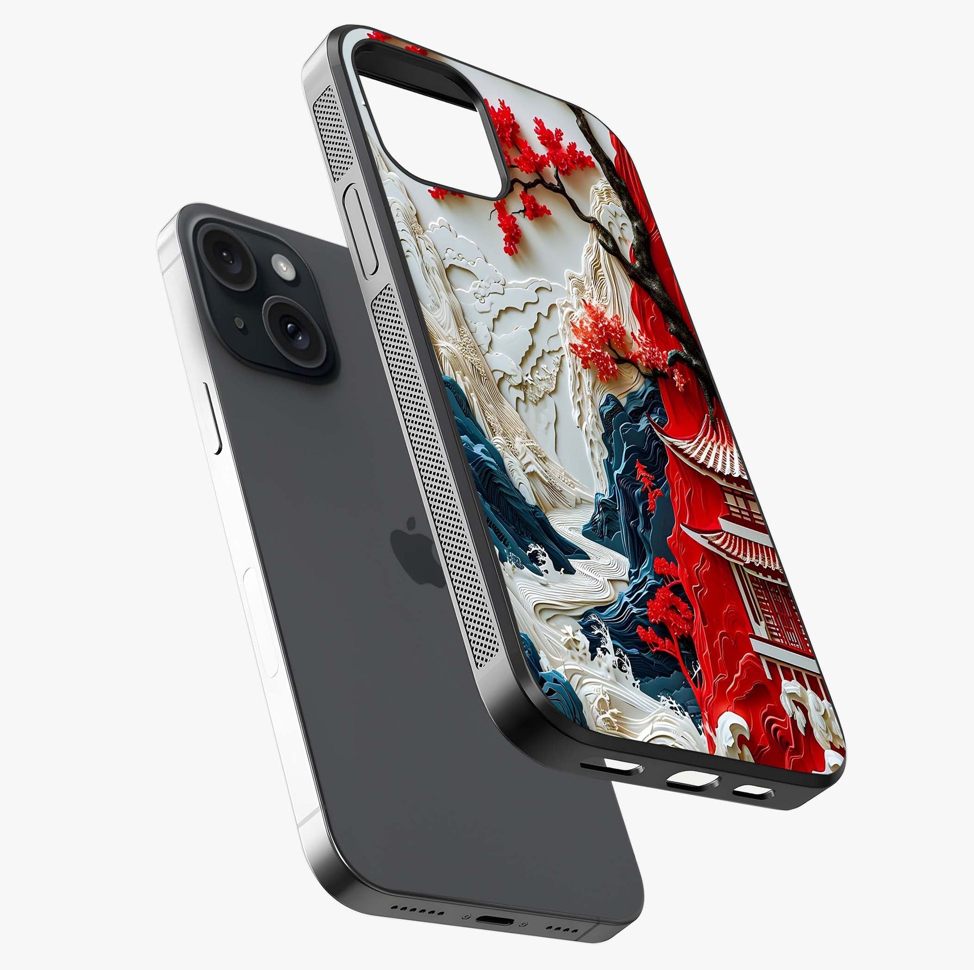Whispers Of Sakura Waves Glass Case laid diagonally highlighting side profile, edges and glossy glass shine.