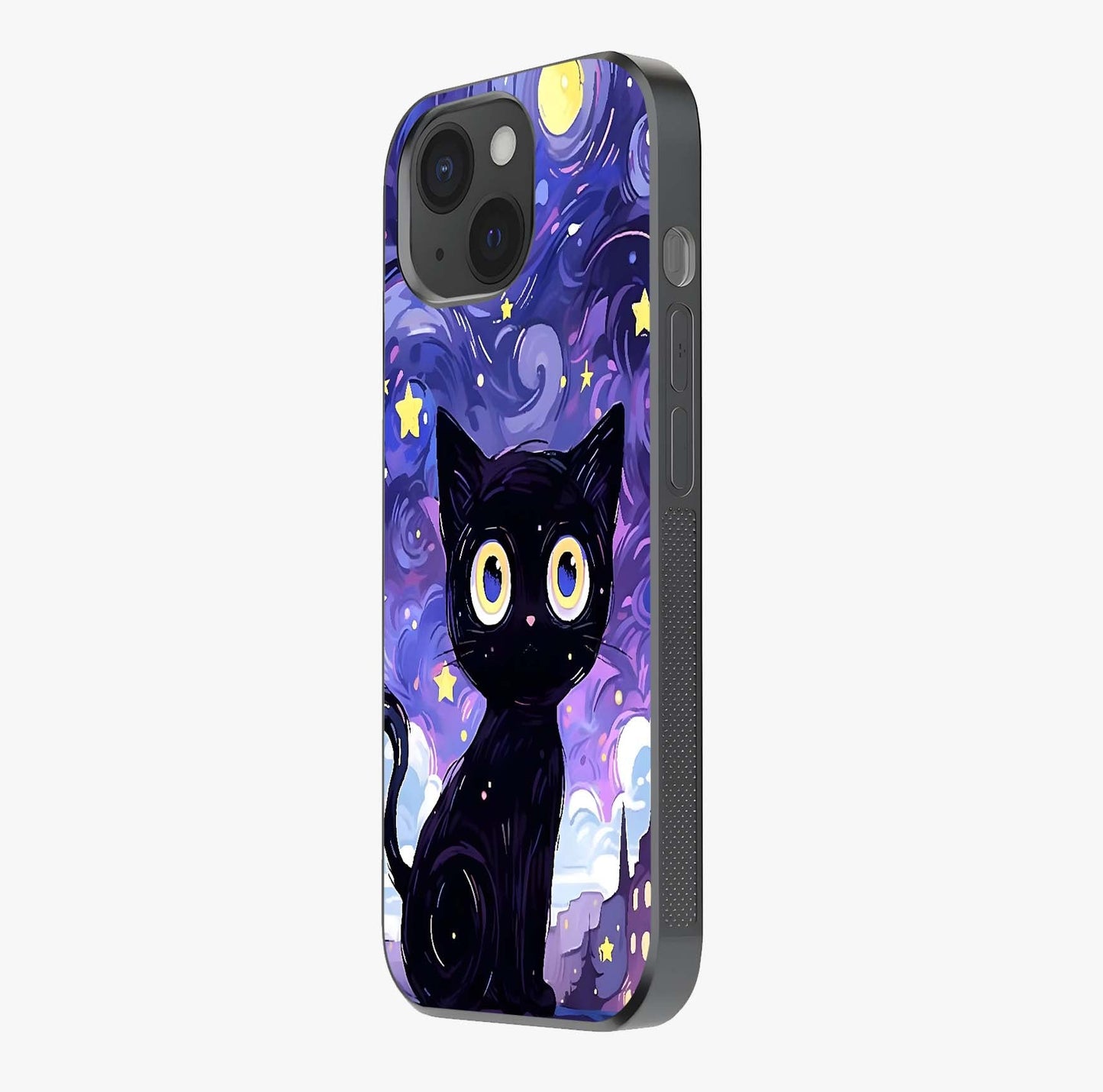 Abstract Cat Art Glass Case photographed in natural light showing reflective finish and design depth.