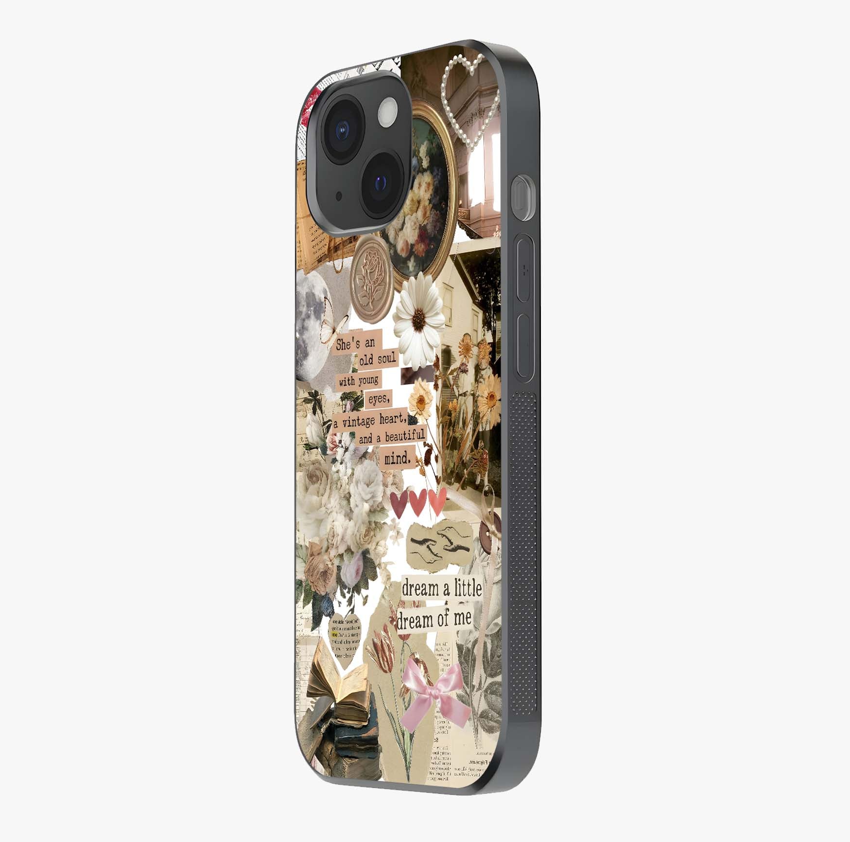 Aesthetic Brown Vintage Collage Glass Case photographed in natural light showing reflective finish and design depth.