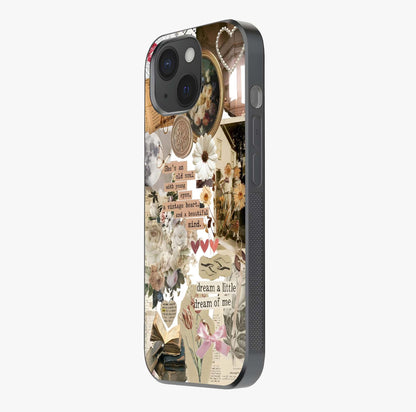 Aesthetic Brown Vintage Collage Glass Case photographed in natural light showing reflective finish and design depth.