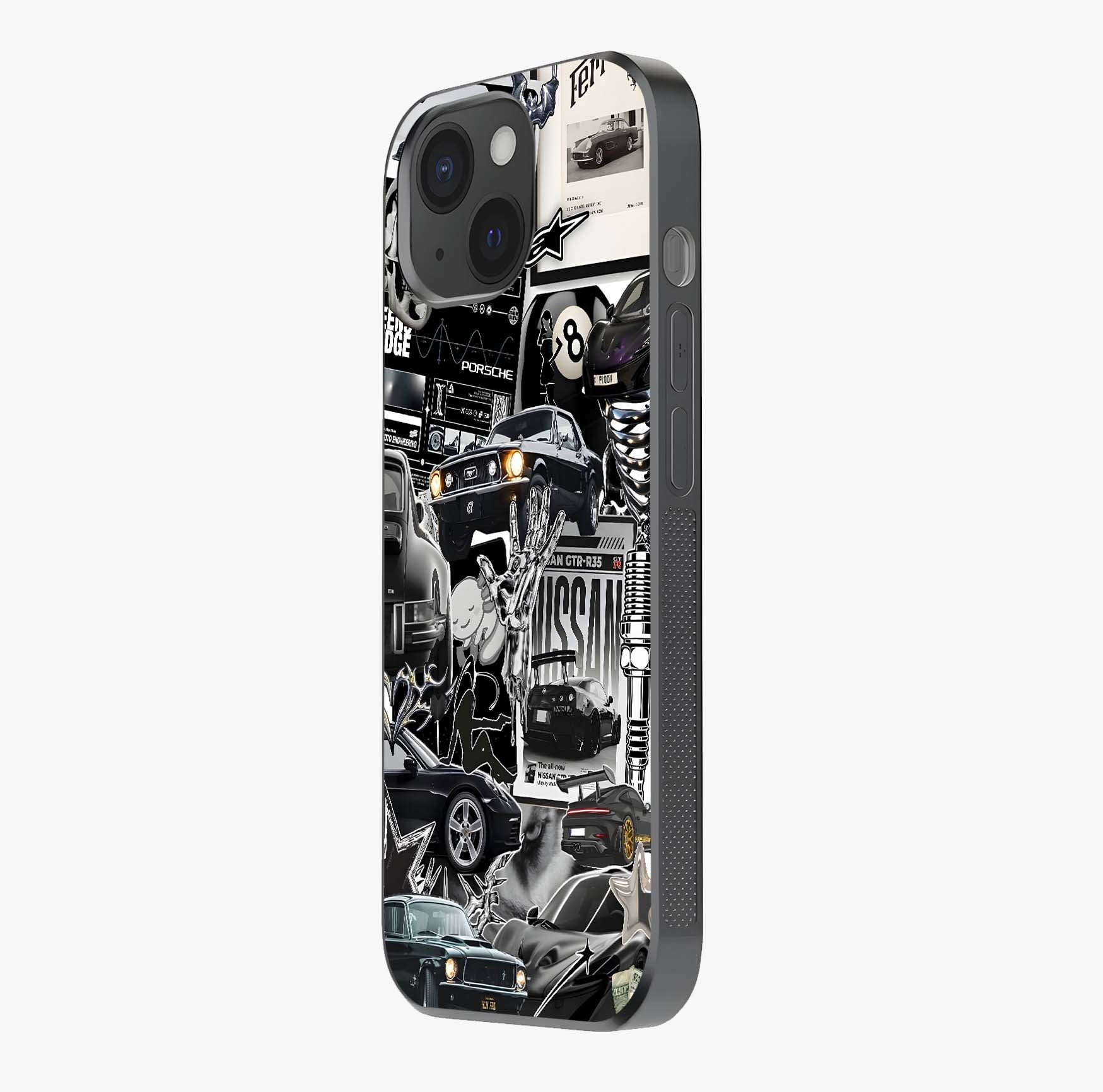 Aesthetic Dark Love Glass Case photographed in natural light showing reflective finish and design depth.