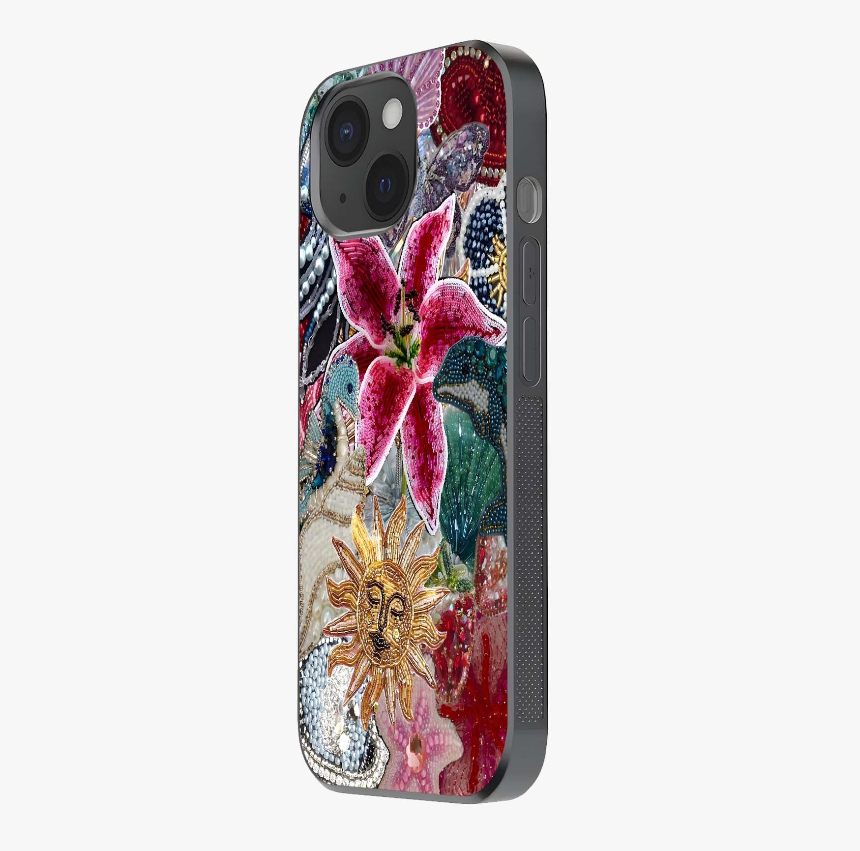 Beaded Garden Fantasy Glass Case photographed in natural light showing reflective finish and design depth.