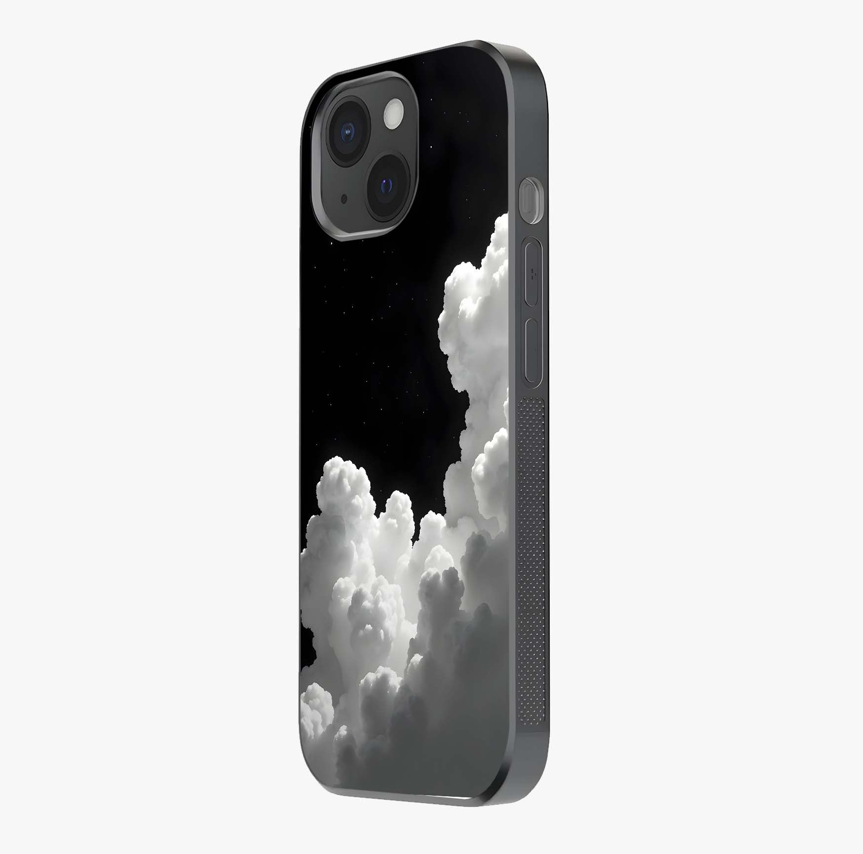Black Background With White Cloud Glass Case photographed in natural light showing reflective finish and design depth.