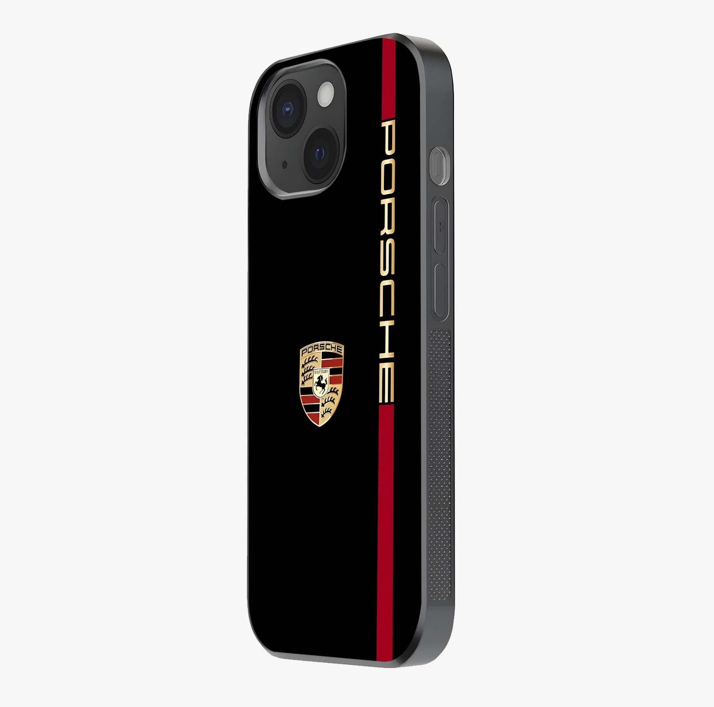 Black Minimal Porsche Glass Case photographed in natural light showing reflective finish and design depth.