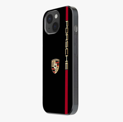 Black Minimal Porsche Glass Case photographed in natural light showing reflective finish and design depth.